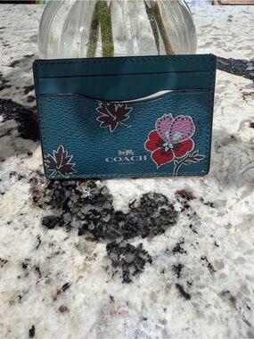 NWT Coach Wildflower Leather Slim Card Case Wallet Dark Teal F12773